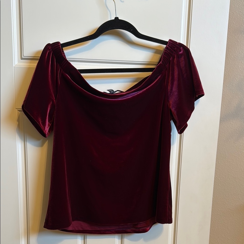 White House Black Market Burgundy Velvet Off-Shoulder Blouse - Picture 2 of 3
